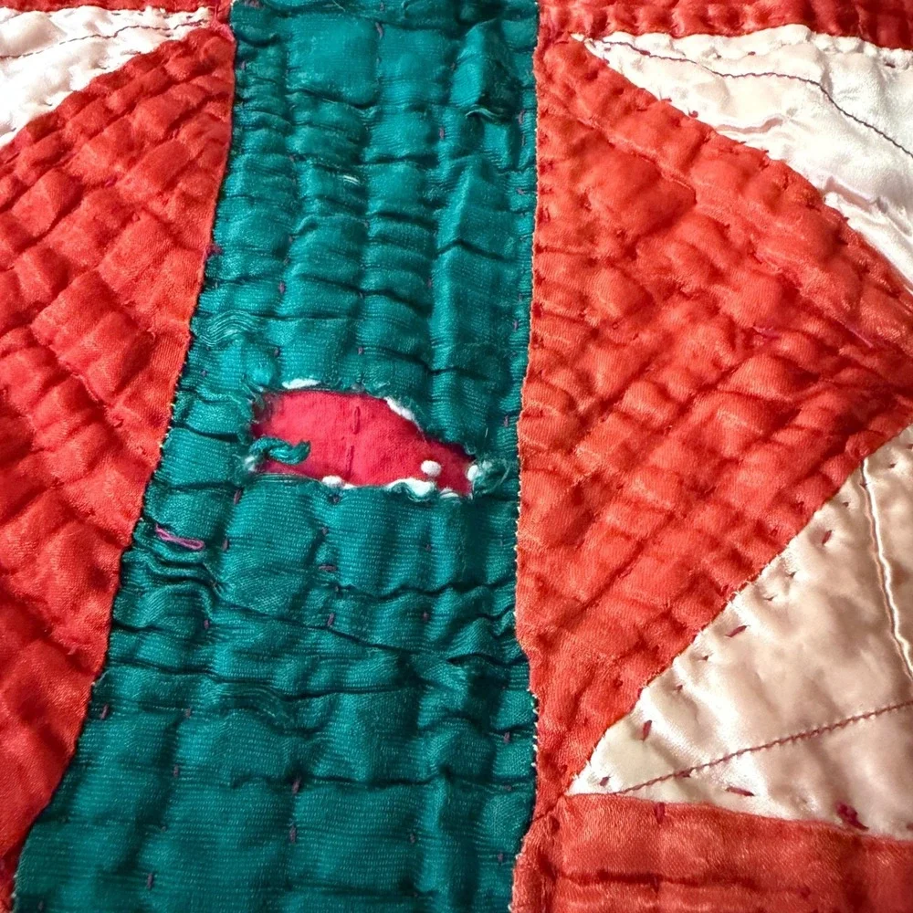 VTG Handmade Satin Patchwork Quilt Red Geometric Star 83x68 for REPAIR/REPURPOSE